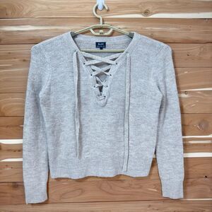 Bardot Lace-Up Front‎ Cropped Sweater Gray Cozy Trendy Knit Pullover Size L